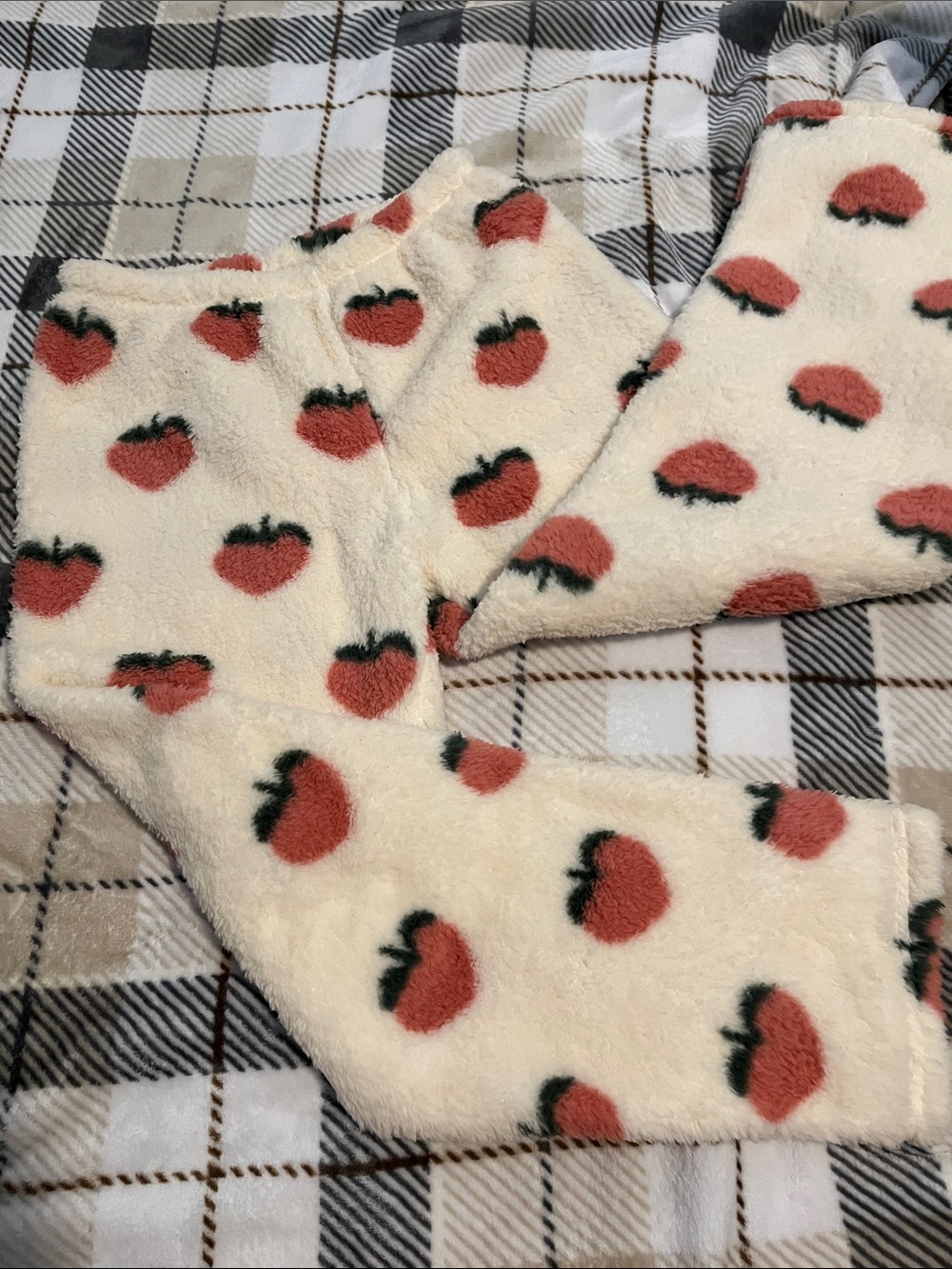 SHEIN Cream Fuzzy Wide Leg Pants with Red Strawberry Print